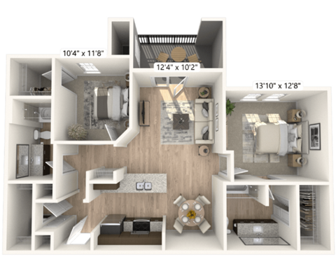 A 3D floor plan of a house with three bedrooms, a living room, a kitchen, and a bathroom.